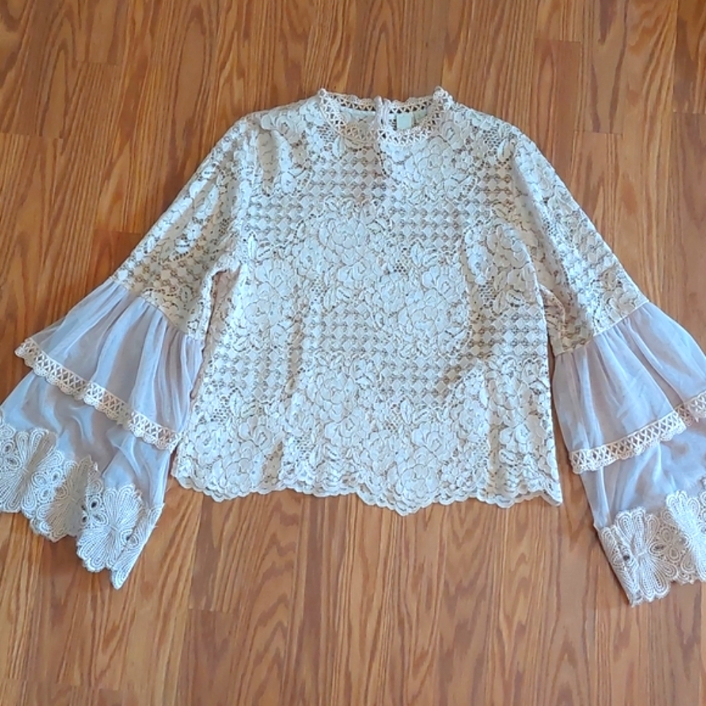 Allison Joy Lace Blouse, Champagne, Bell Sleeve, Size L